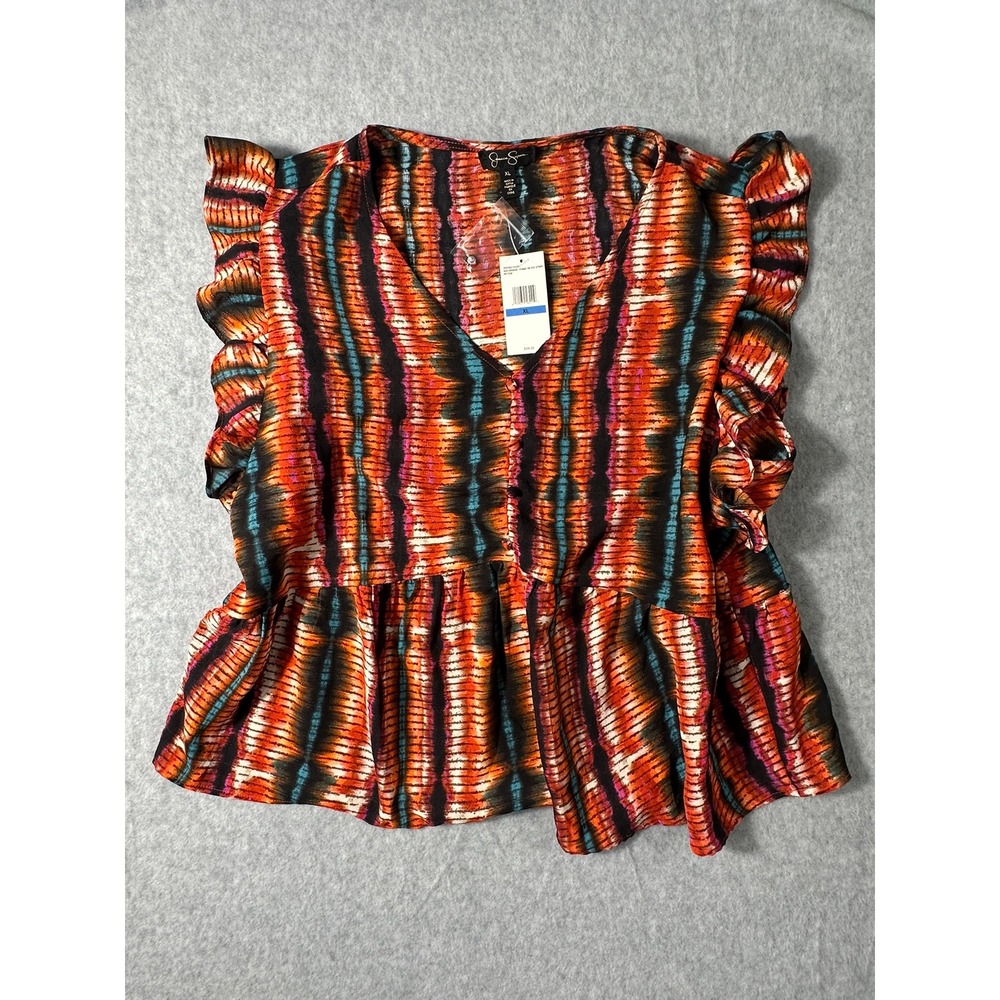 Jessica Simpson Peyton Tie Dye Stripe Peplum Ruffle Top Sun Orange XL NWT